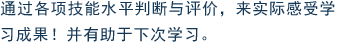 通过各项技能水平判断与评价，来实际感受学习成果！并有助于下次学习。