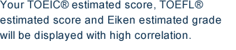 Your TOEIC® estimated score, TOEFL® estimated score and Eiken estimated grade will be displayed with high correlation.