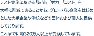 テスト実施における「時間」「労力」「コスト」を大幅に削減できることから、グローバル企業をはじめとした大手企業や学校などの団体および個人に提供しております。これまでに約320万人以上が受験しています。