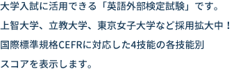 大学入試に活用できる「英語外部検定試験」です。上智大学、立教大学、東京女子大学など採用拡大中！国際標準規格CEFRに対応した4技能の各技能別スコアを表示します。